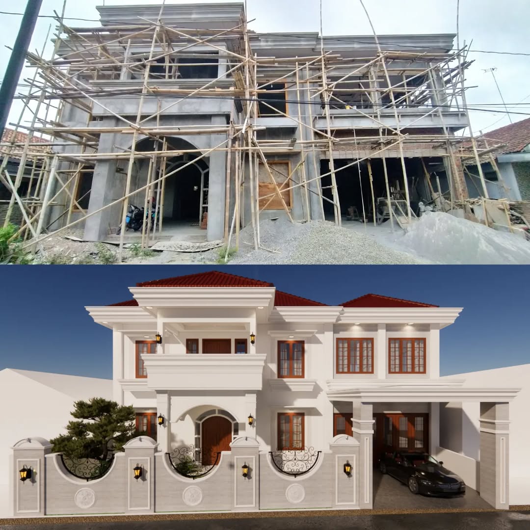 On Progress pembangunan rumah tinggal dengan desain medorn klasik,